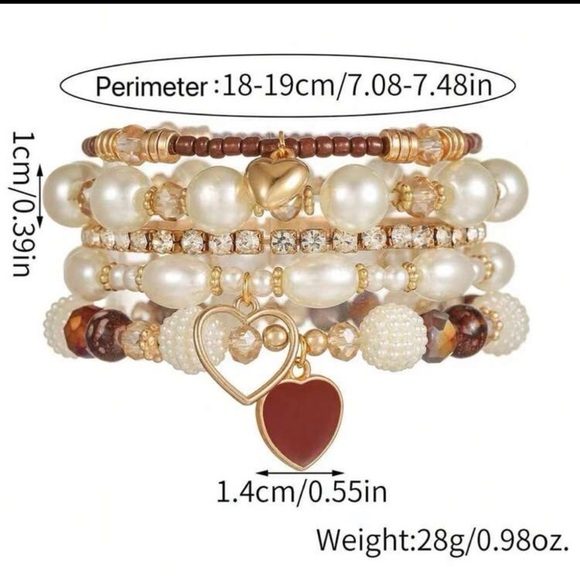 Boho Pearl & Crystal Heart Charm Bracelet Stack (5 Pieces) - Picture 2 of 6